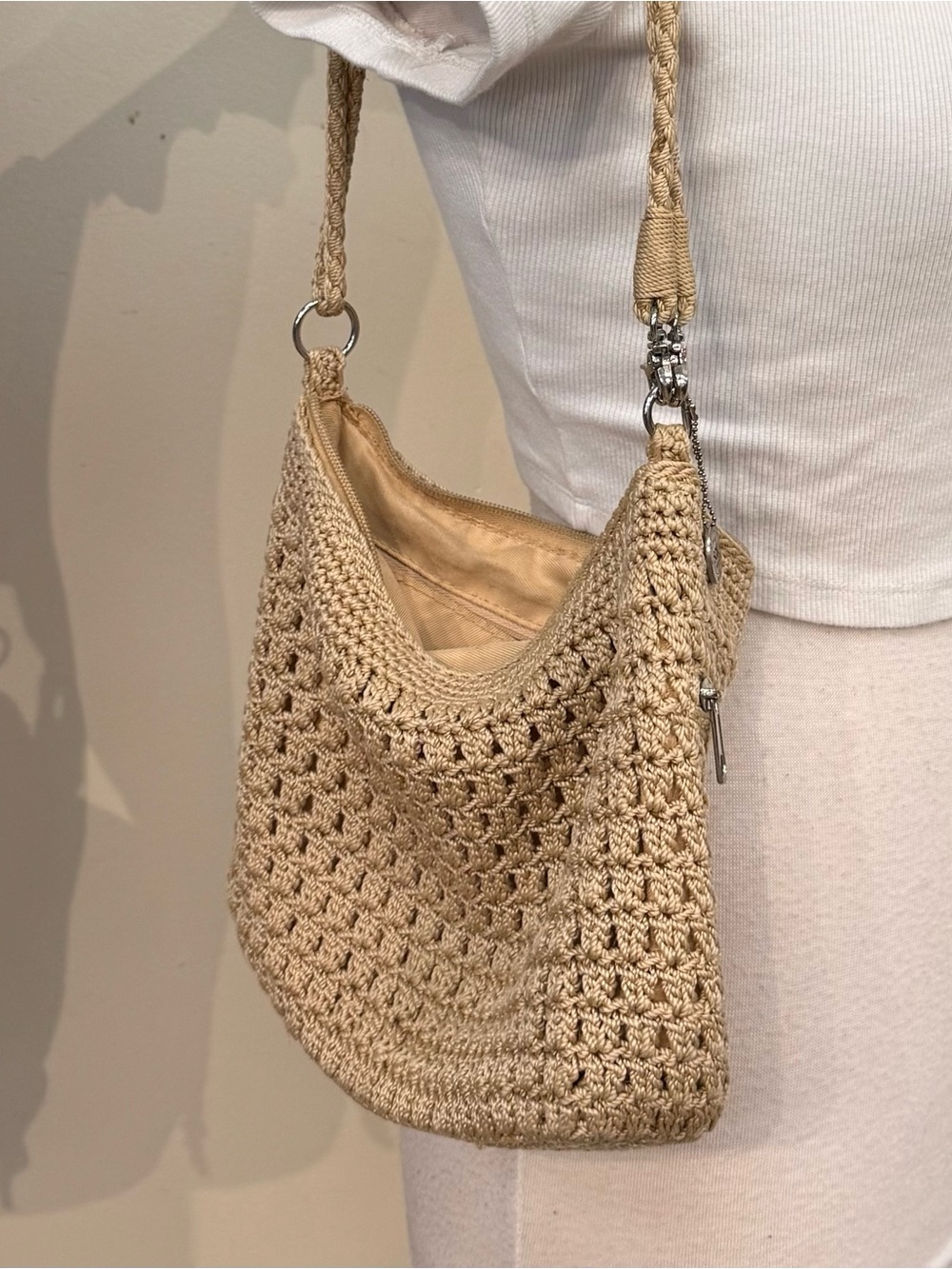 The Sak Lumi Woven Crochet Shoulder Bag Crossbody Tan / Beige